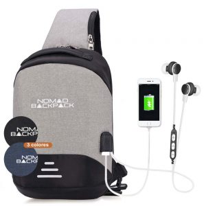 Mochila de Hombro Bandolera Impermeable Reflejante con Puertos Audífonos y Carga USB Nomad BackPack